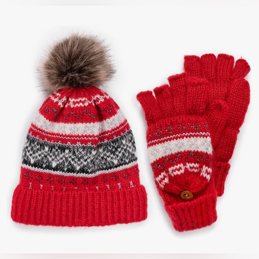 Muk Luks Hat and Glove Set in Mixed Red Poppy Fair Isle Print